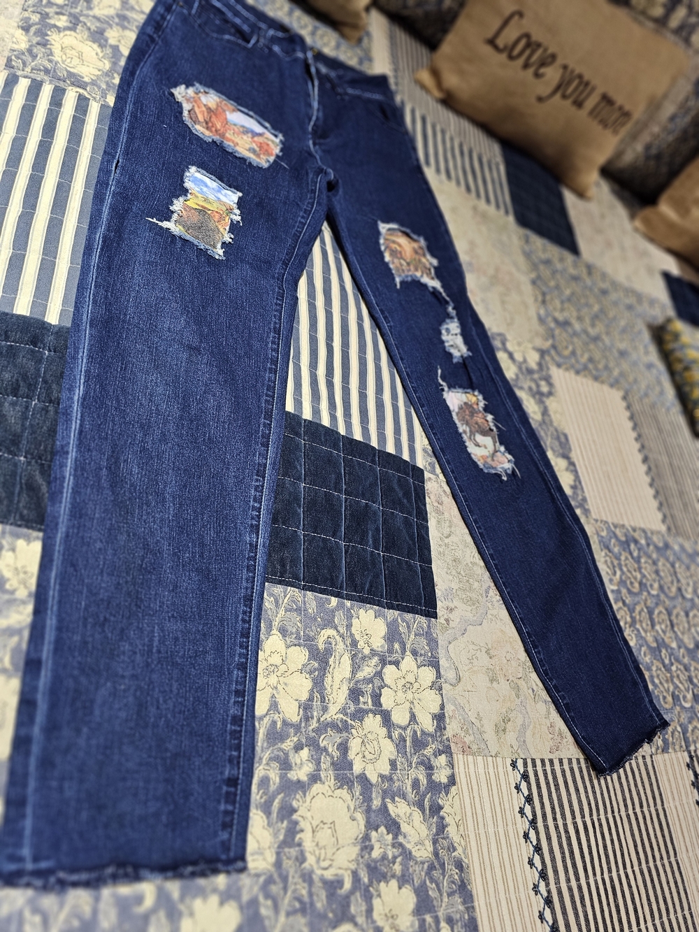 L&B Women's Dark Blue Distressed Boyfriend Jeans with Patch Details